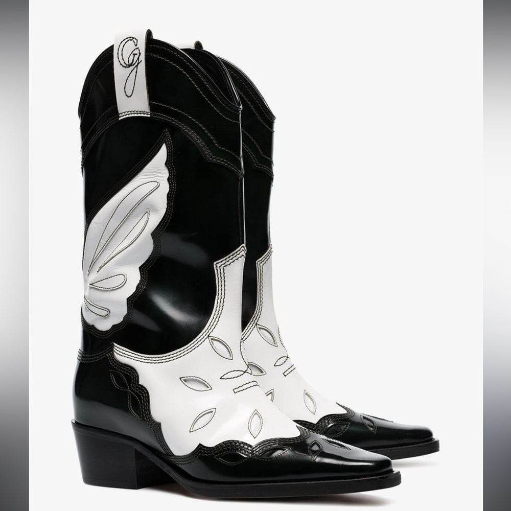 Ganni Dark Green/Black and White Cowboy Boots Size 38